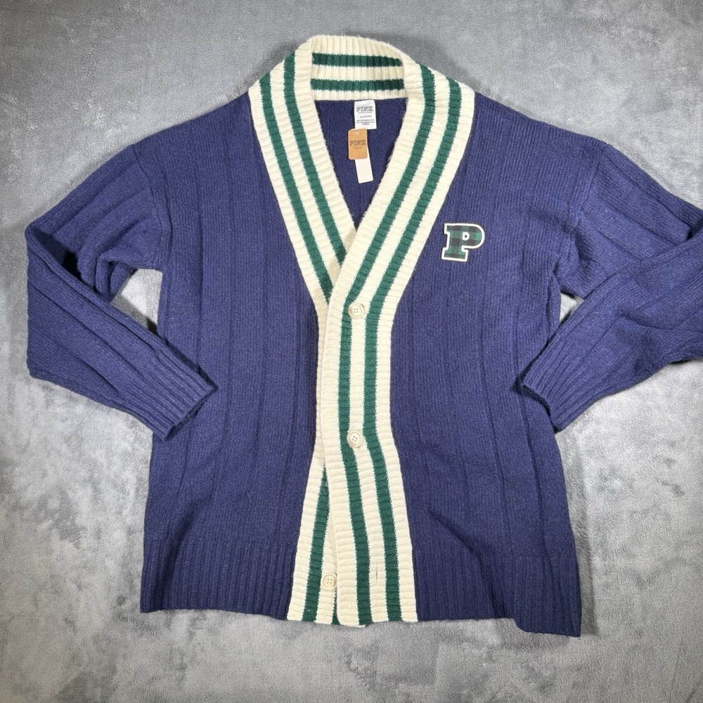 Victoria's Secret PINK Women's Letterman Cardigan Sweater Navy/Green Size L NWT